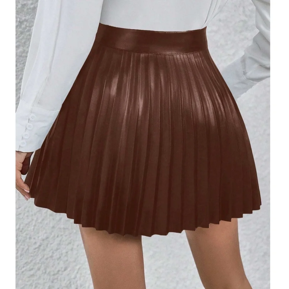 Brown Vegan Leather Pleated Mini Skirt - Picture 2 of 4